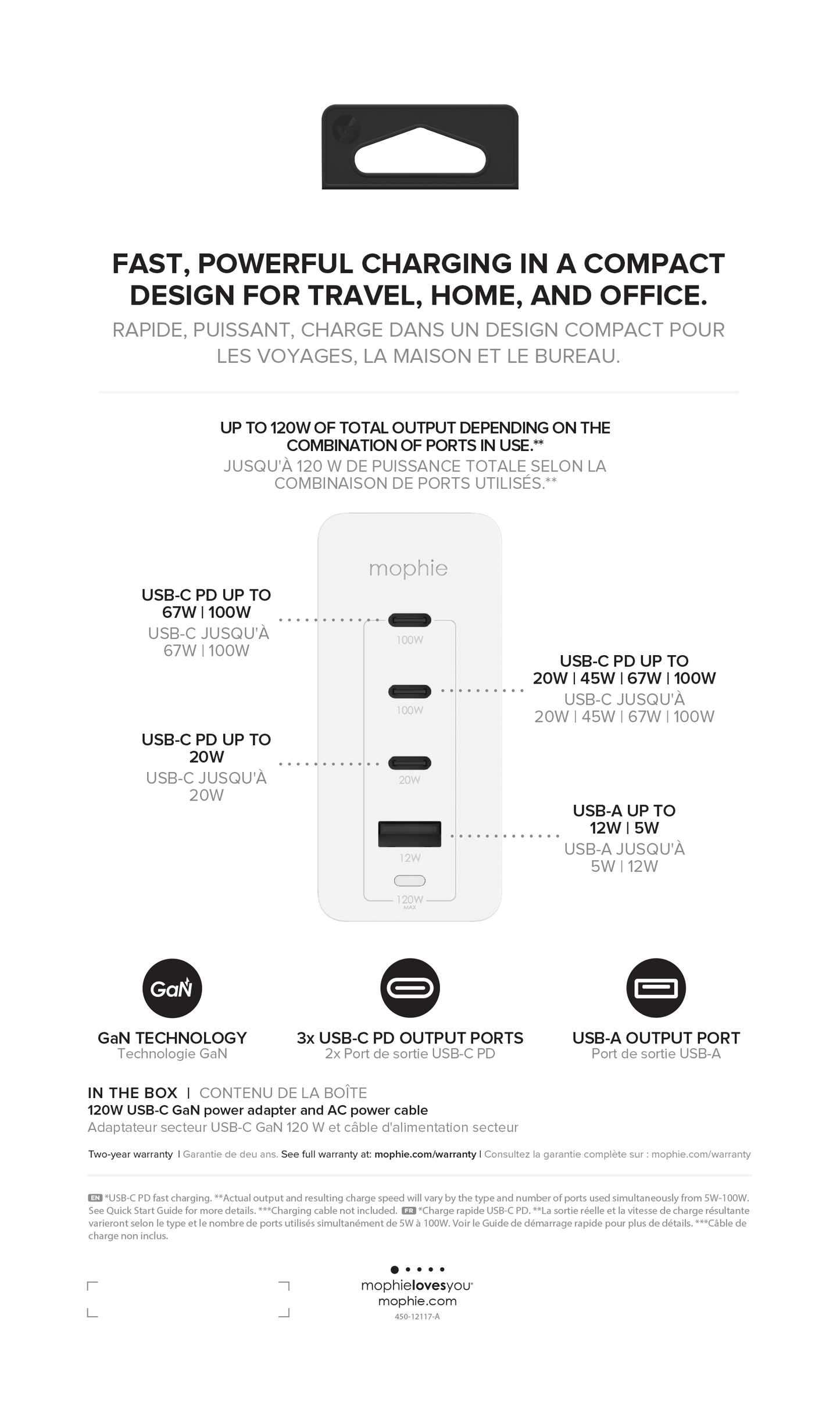Mophie Adaptateur mural 120W White (3xUSBC + 1xUSBA)
