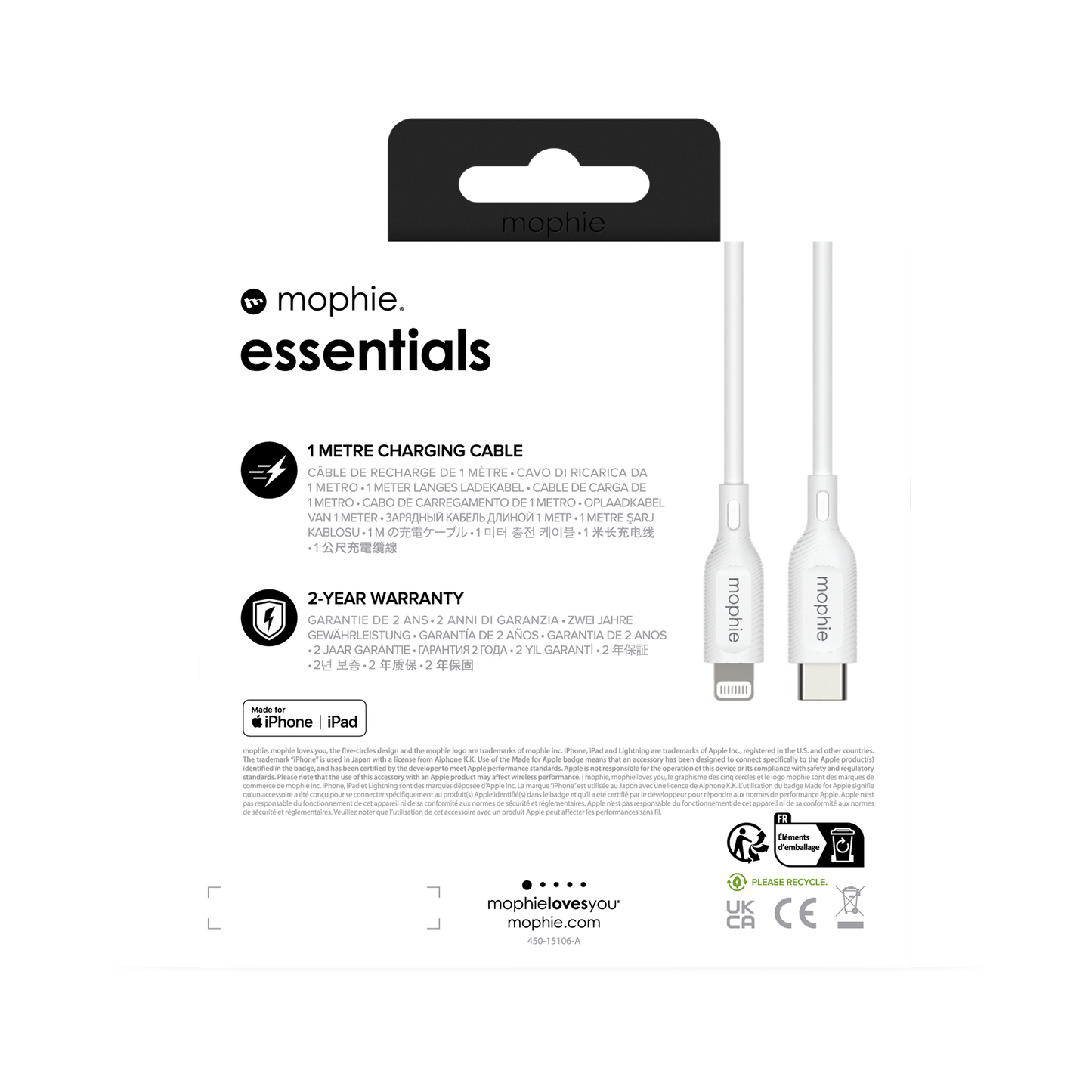 Mophie Essentials Cable USBC Ă lightning 1M White