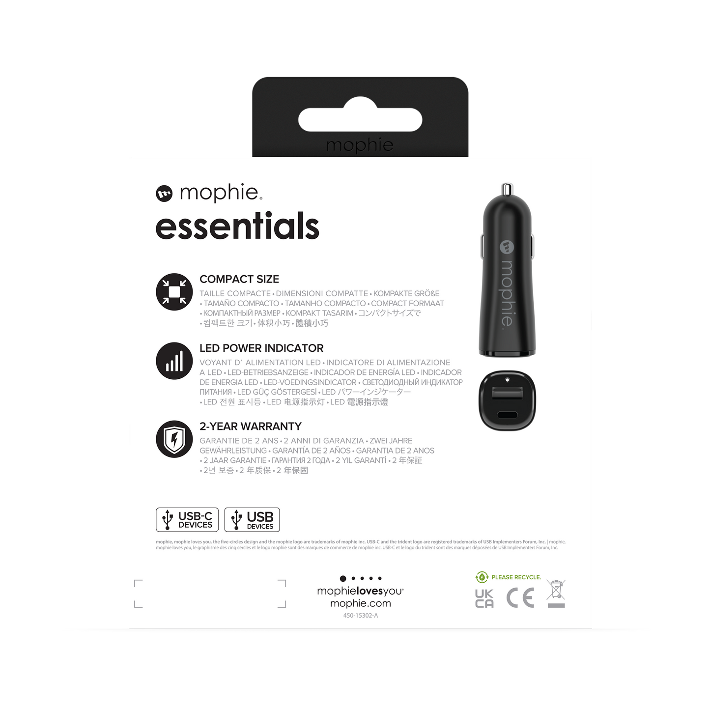 Mophie Essentials chargeur auto 12W Dual USBC & USBA