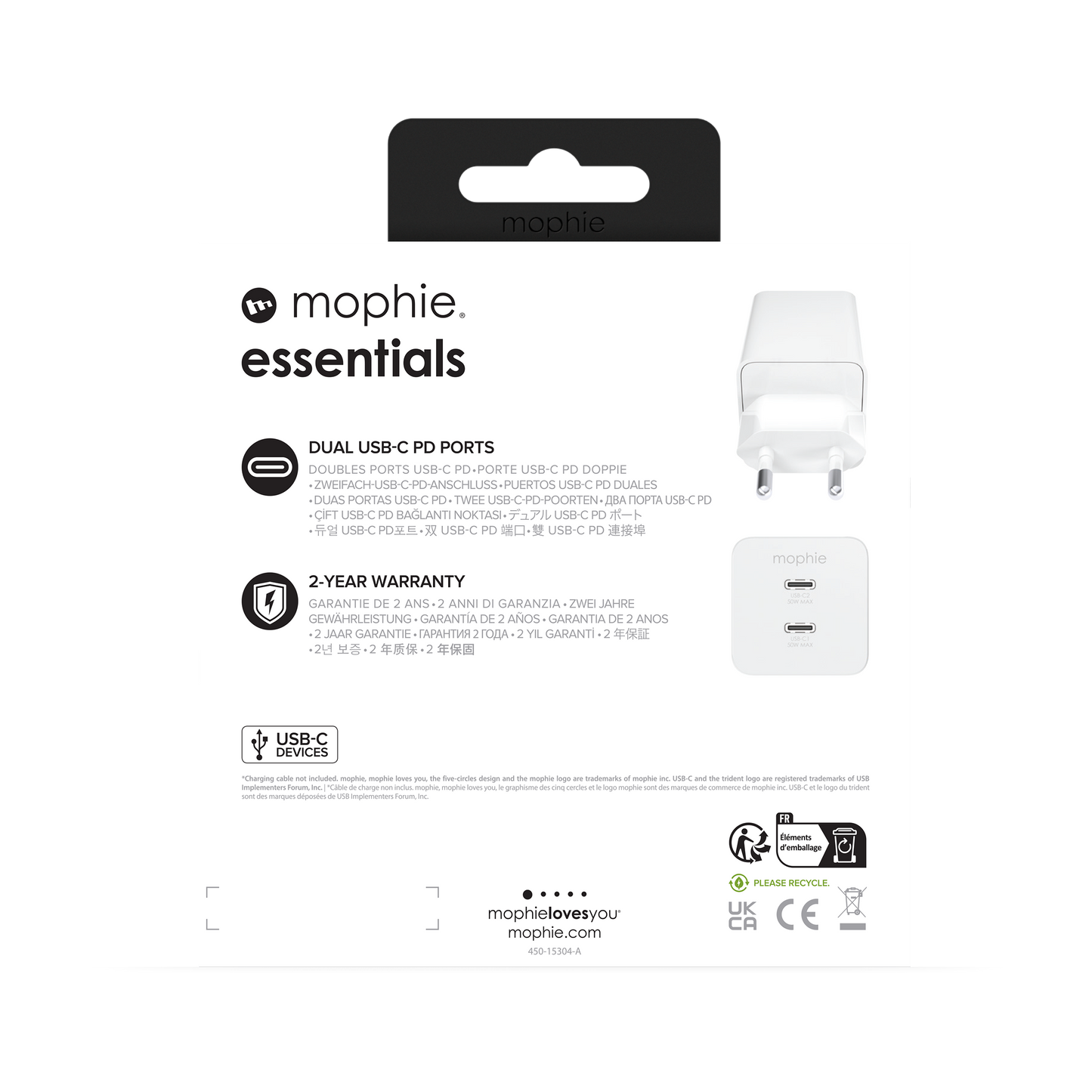 Mophie Essentials Adaptateur mural Dual USB-C 50W White