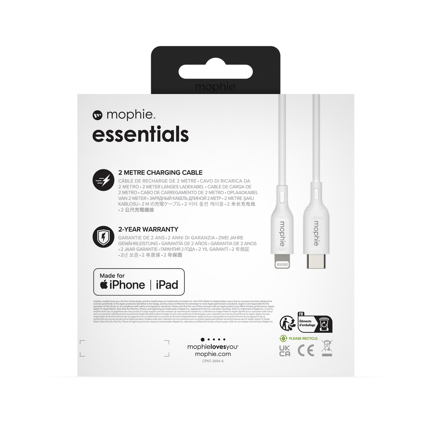 Mophie Essentials Cable USBC à lightning 2M White