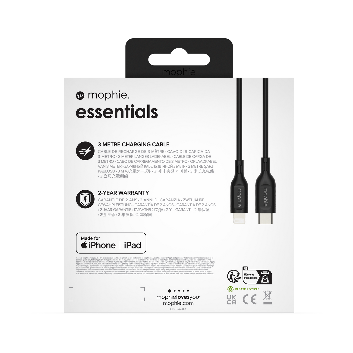 Mophie Essentials Cable USBC à Lightning 3M Black