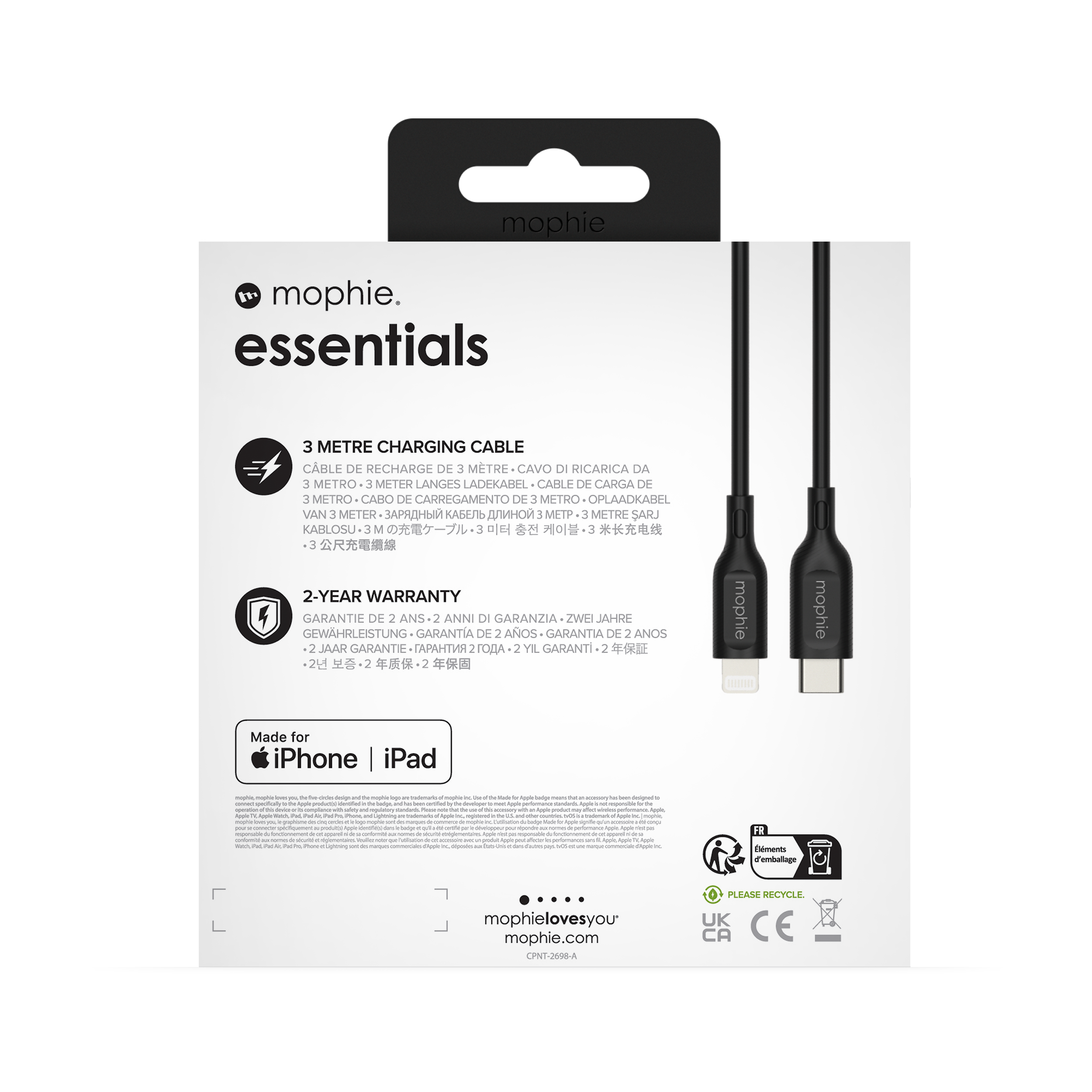 Mophie Essentials Cable USBC à Lightning 3M Black