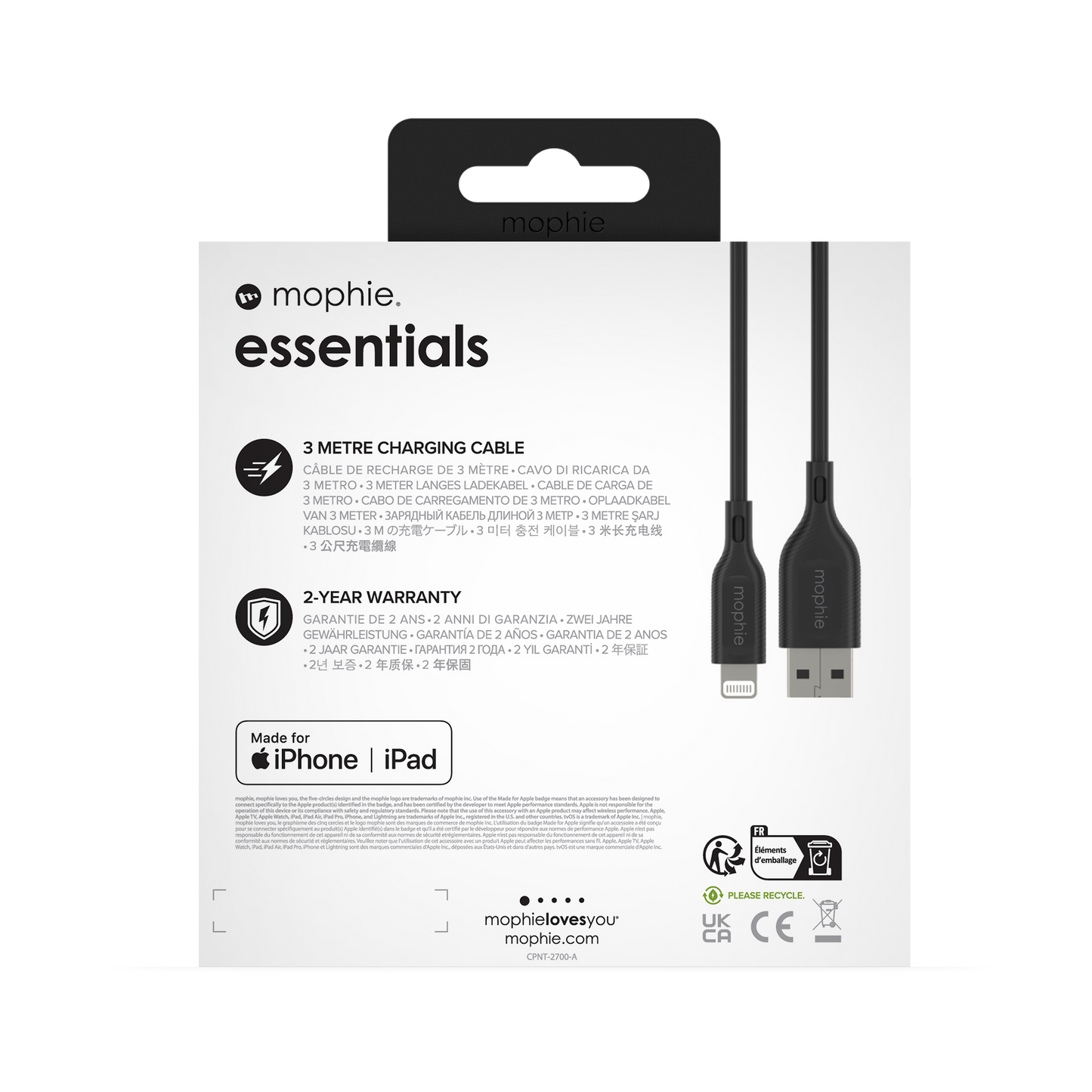 Mophie Essentials Cable USBA à Lightning 3M Black