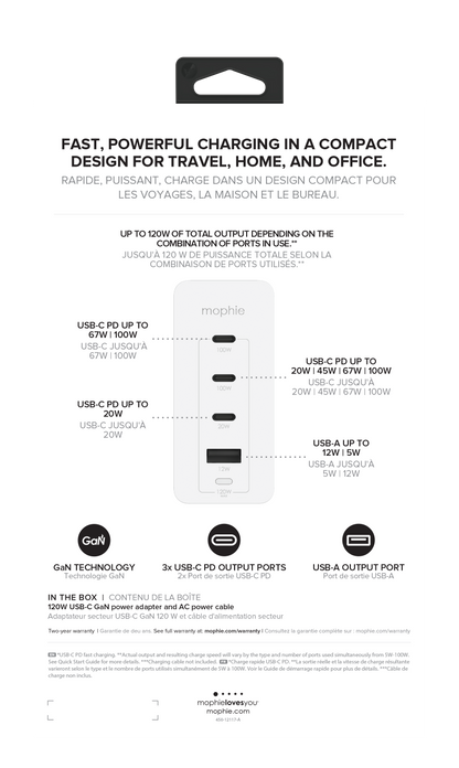 Mophie Adaptateur mural 120W White (3xUSBC + 1xUSBA)