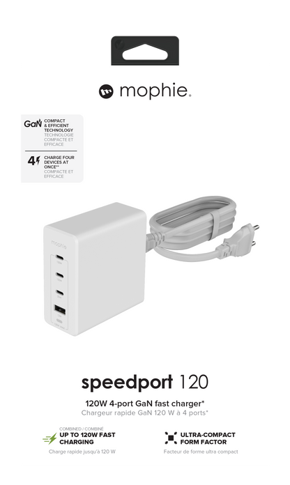 Mophie Adaptateur mural 120W White (3xUSBC + 1xUSBA)