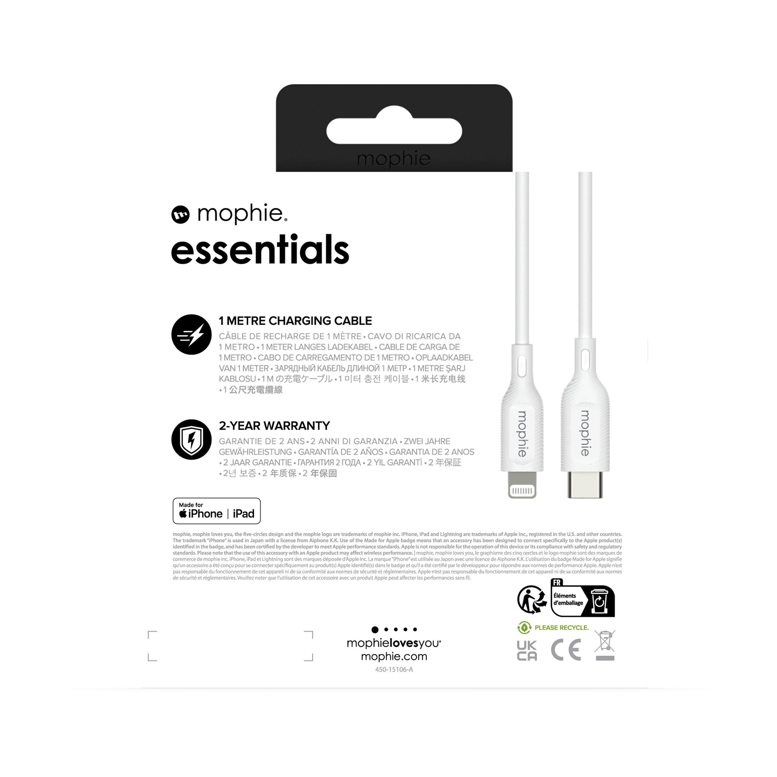 Mophie Essentials Cable USBC à lightning 1M White