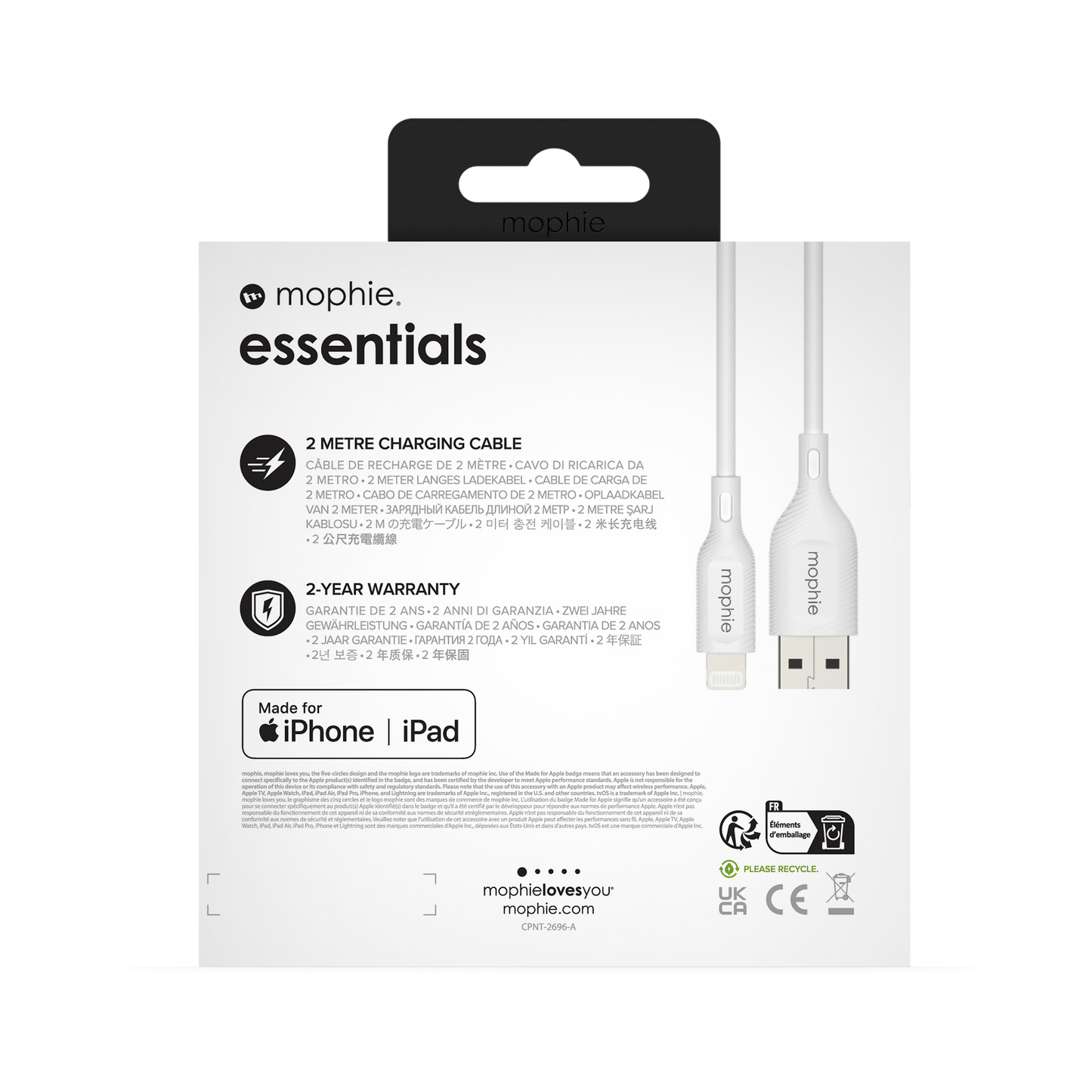 Mophie Essentials Cable USBA à Lightning 2M White