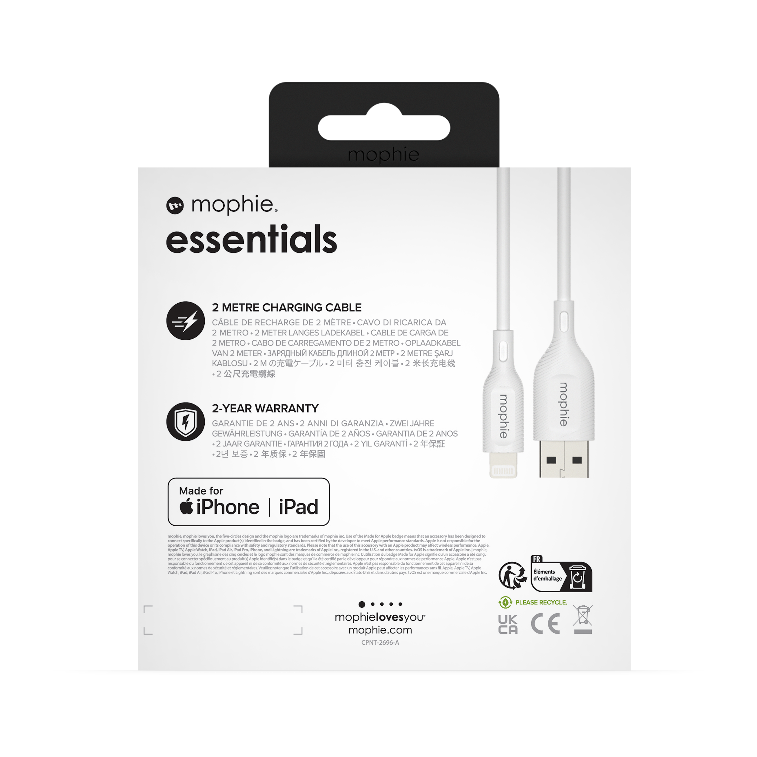 Mophie Essentials Cable USBA à Lightning 2M White